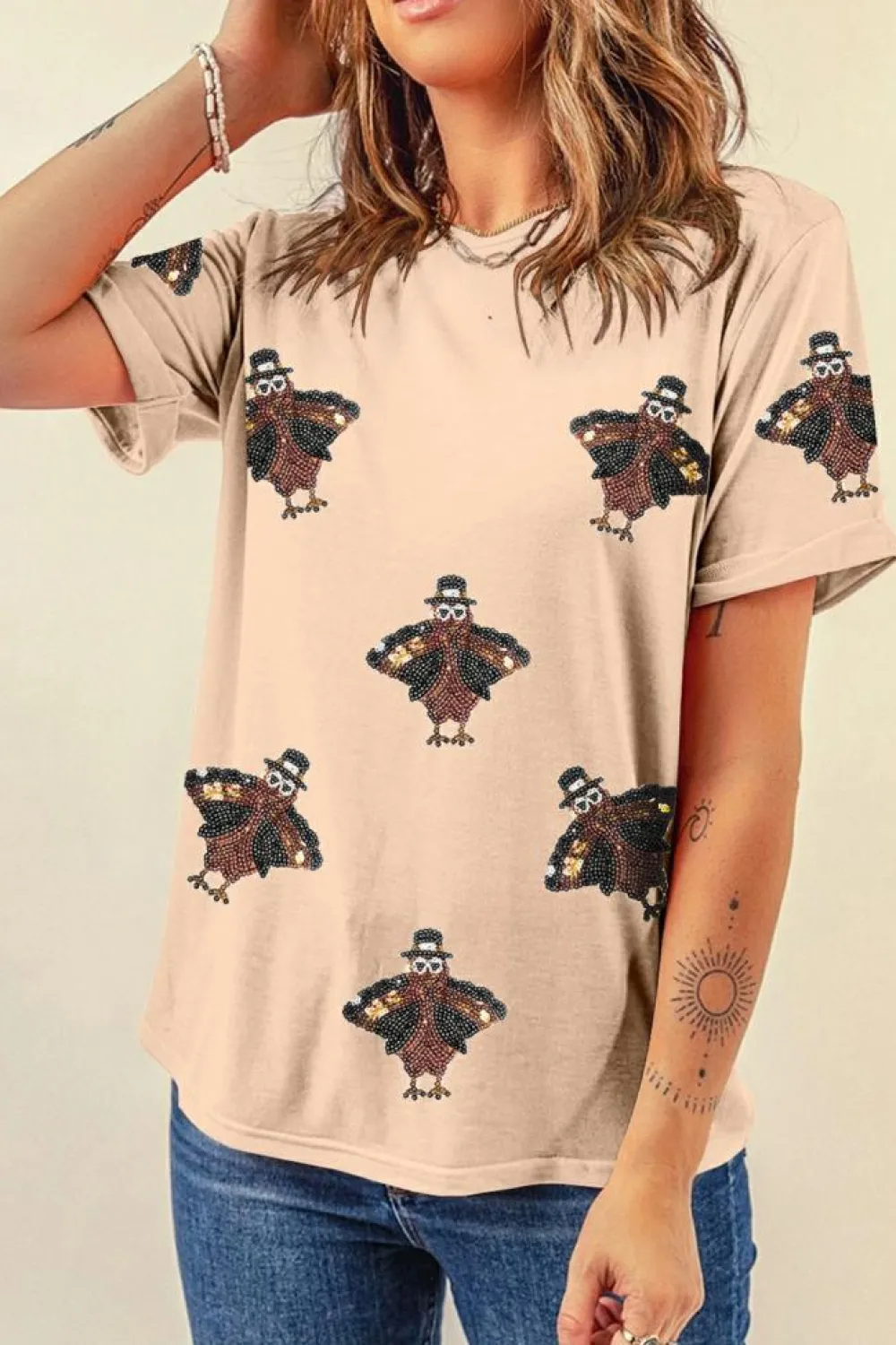 Best Dear-Lover Sequined Turkey Patched Pattern Crewneck Thanksgiving T Shirt Khaki