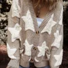 New Dear-Lover Sherpa Star Pattern Textured Sweater Cardigan with Pockets Khaki