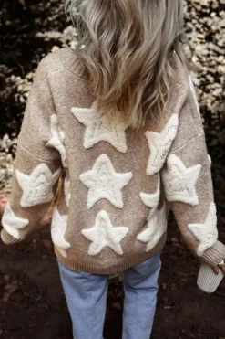 New Dear-Lover Sherpa Star Pattern Textured Sweater Cardigan with Pockets Khaki