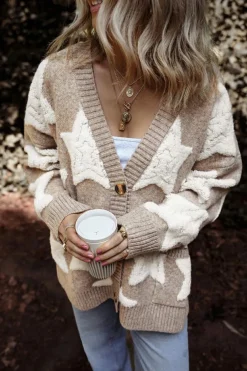 New Dear-Lover Sherpa Star Pattern Textured Sweater Cardigan with Pockets Khaki