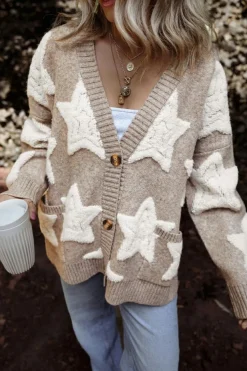 New Dear-Lover Sherpa Star Pattern Textured Sweater Cardigan with Pockets Khaki