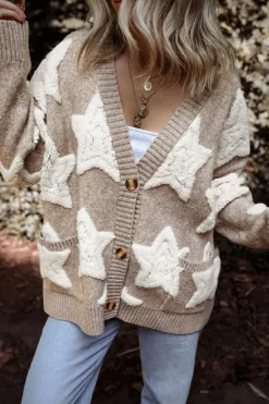 New Dear-Lover Sherpa Star Pattern Textured Sweater Cardigan with Pockets Khaki