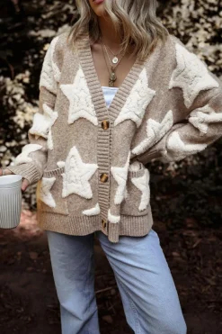 New Dear-Lover Sherpa Star Pattern Textured Sweater Cardigan with Pockets Khaki