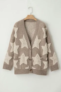 New Dear-Lover Sherpa Star Pattern Textured Sweater Cardigan with Pockets Khaki