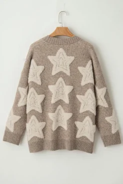 New Dear-Lover Sherpa Star Pattern Textured Sweater Cardigan with Pockets Khaki