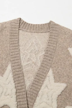 New Dear-Lover Sherpa Star Pattern Textured Sweater Cardigan with Pockets Khaki