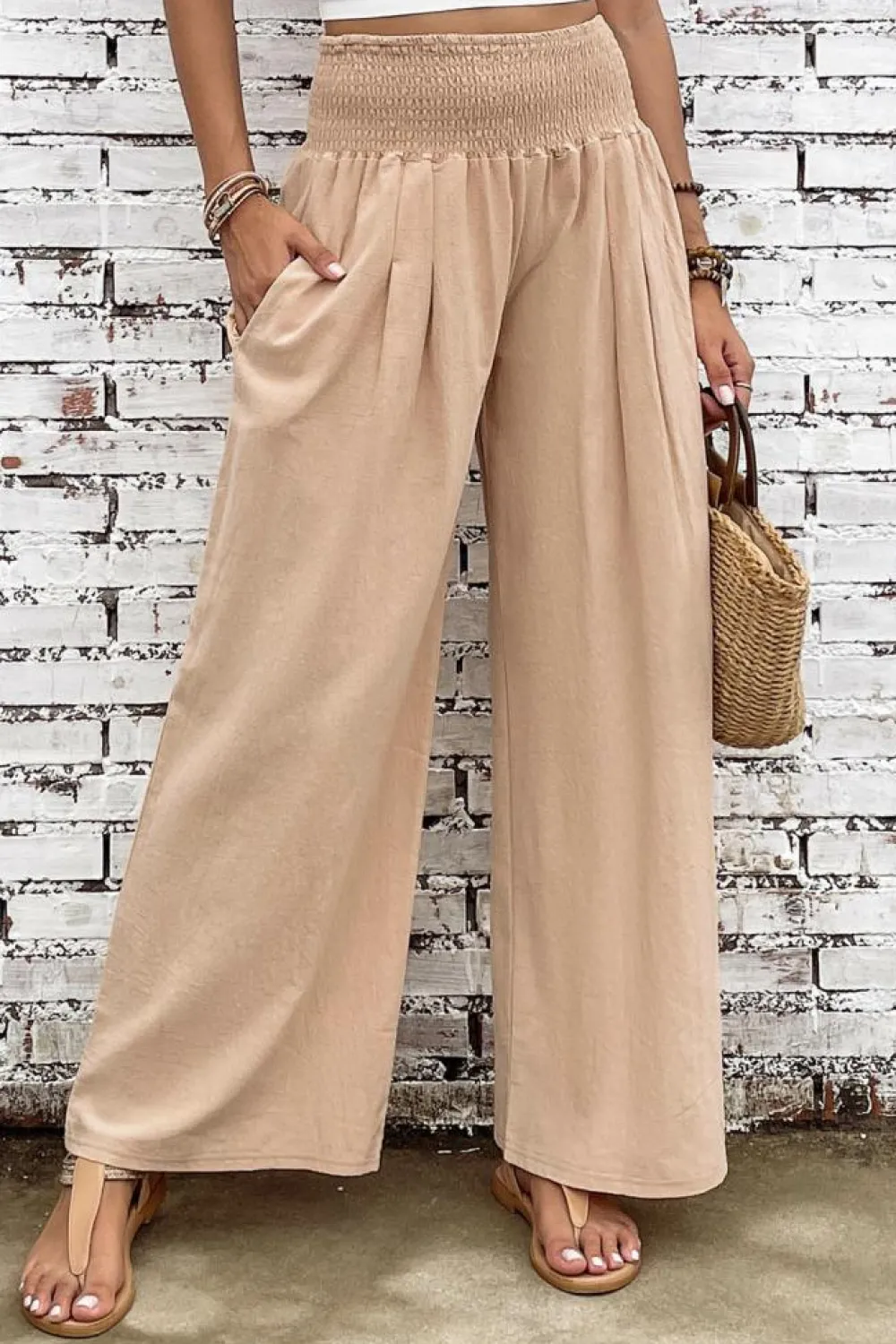 Outlet Dear-Lover Smocked Wide Waistband High Waist Wide Leg Pants Khaki