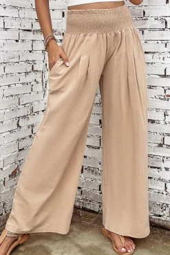 Outlet Dear-Lover Smocked Wide Waistband High Waist Wide Leg Pants Khaki
