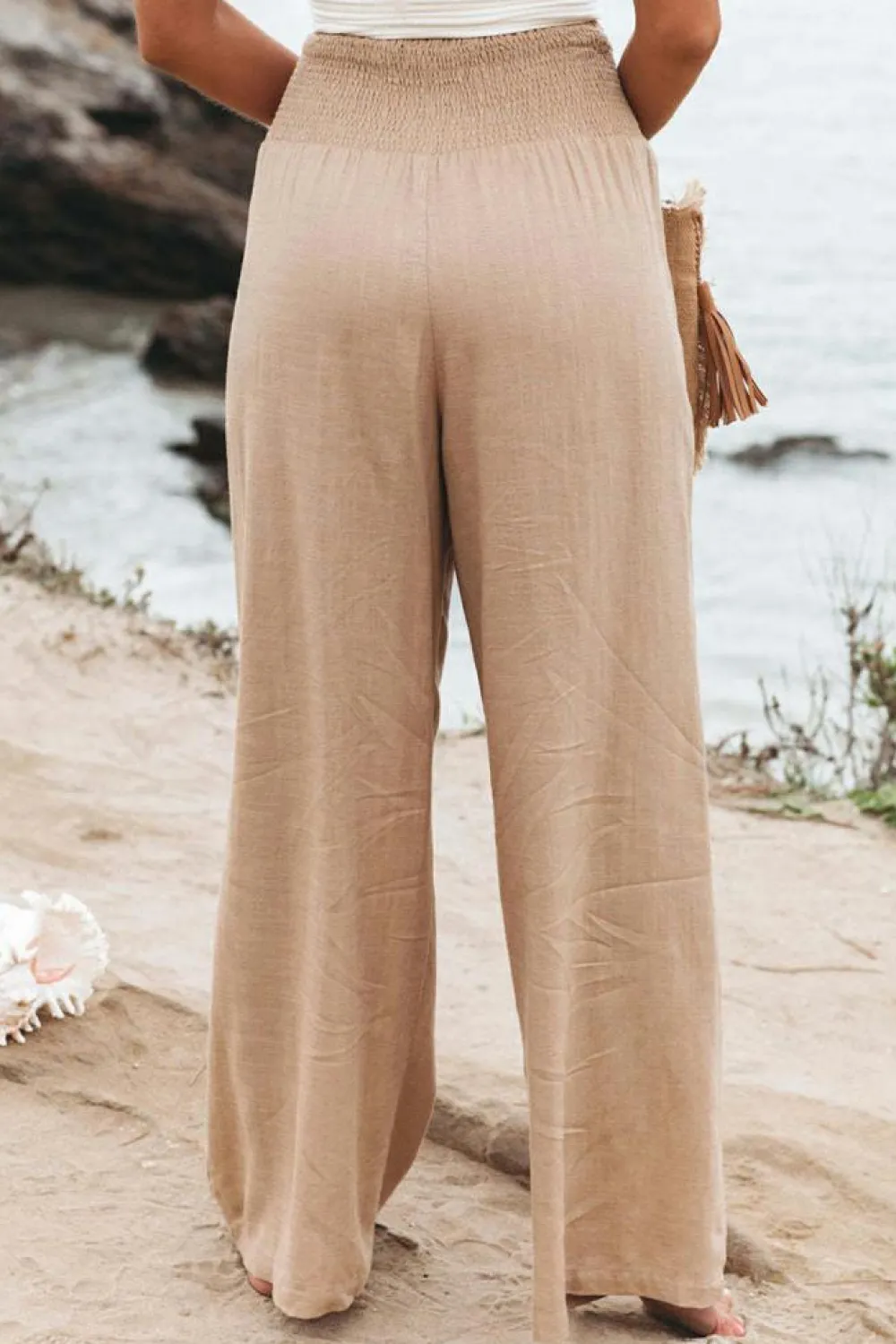 Outlet Dear-Lover Smocked Wide Waistband High Waist Wide Leg Pants Khaki