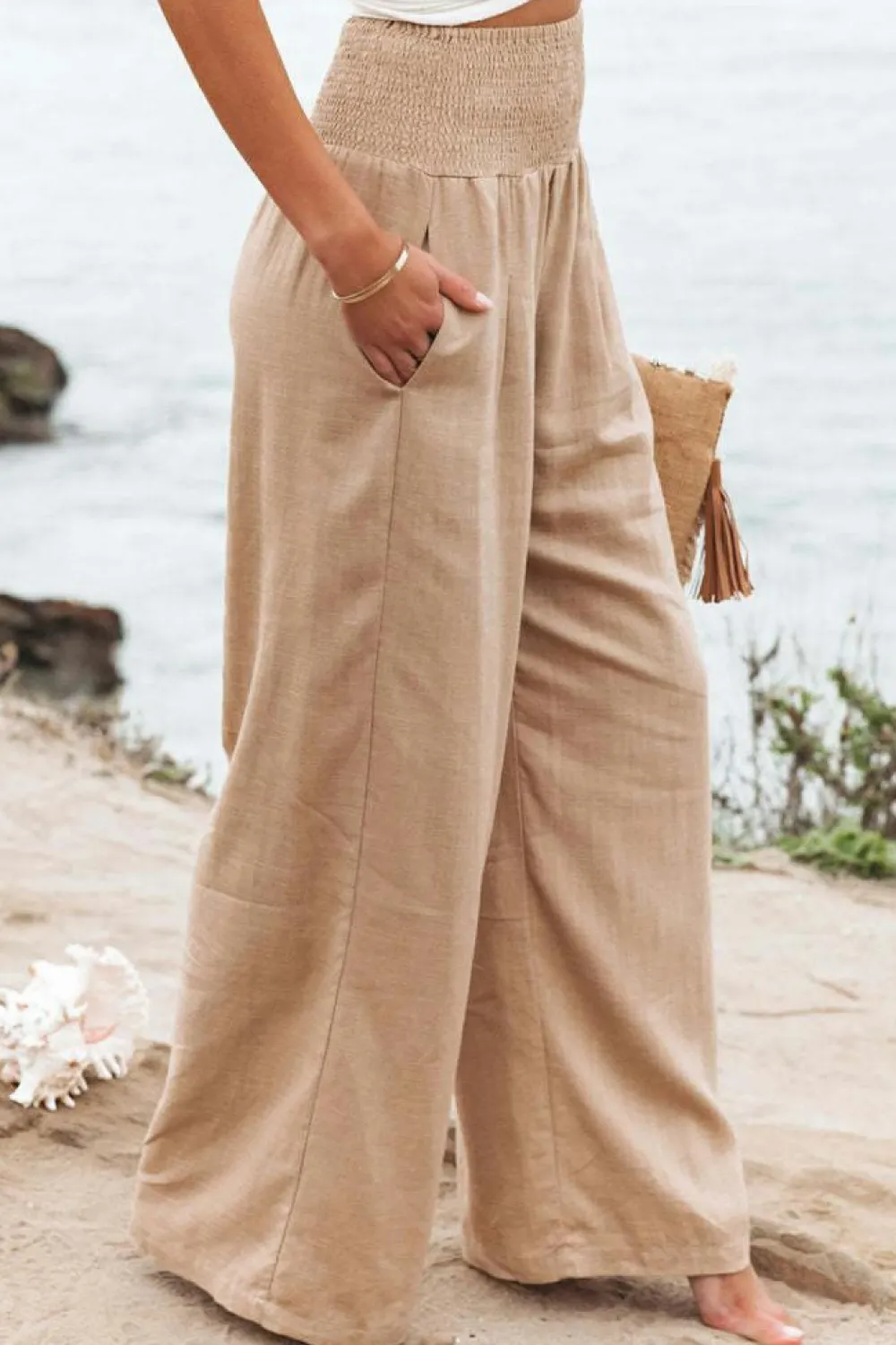 Outlet Dear-Lover Smocked Wide Waistband High Waist Wide Leg Pants Khaki