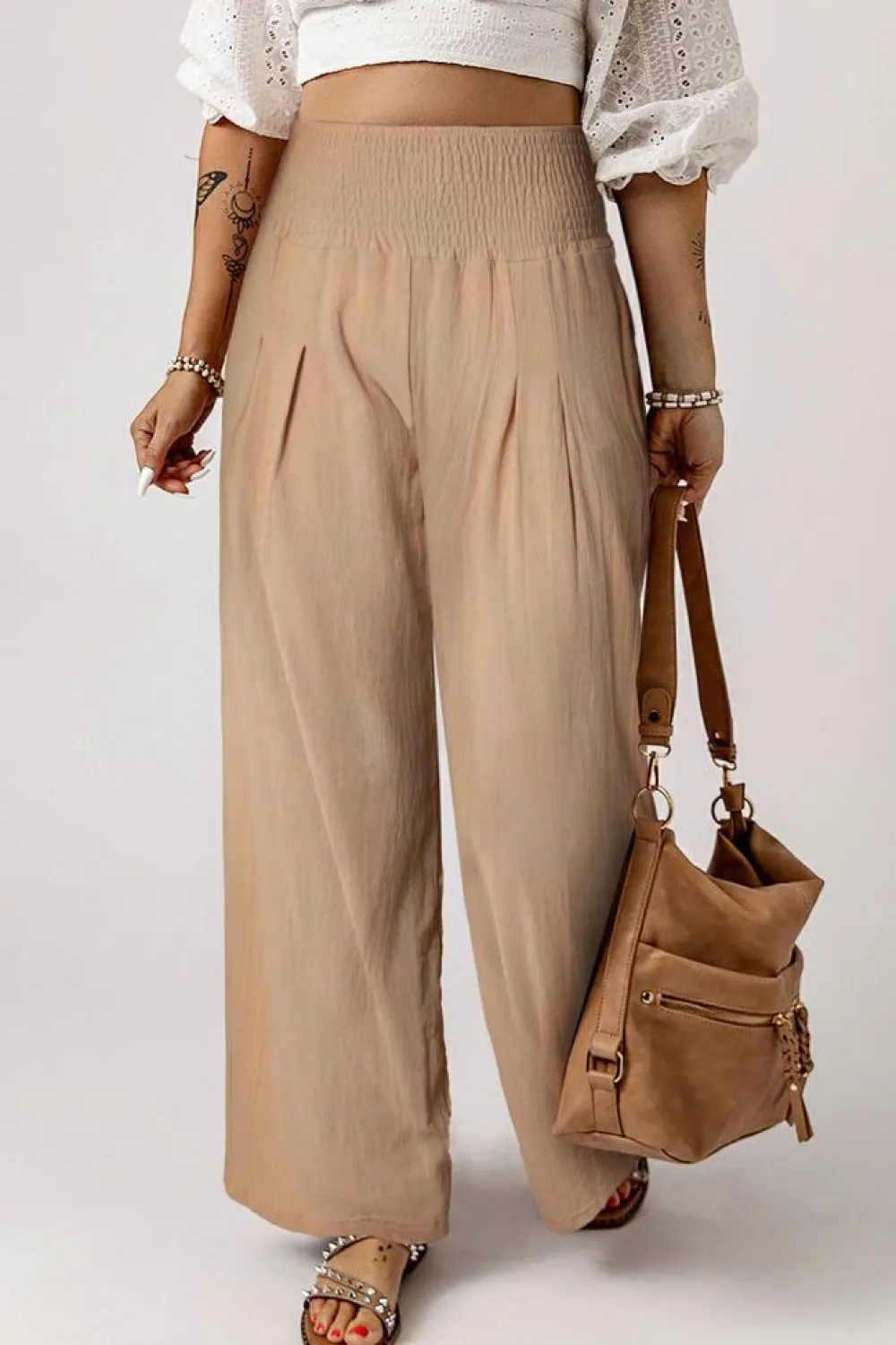 Outlet Dear-Lover Smocked Wide Waistband High Waist Wide Leg Pants Khaki