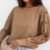 Best Dear-Lover Solid Color Button Decor Dolman Sleeve Top Khaki