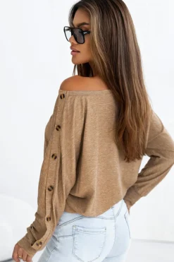 Best Dear-Lover Solid Color Button Decor Dolman Sleeve Top Khaki