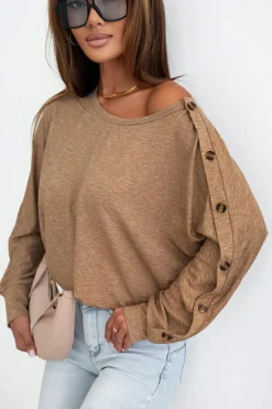 Best Dear-Lover Solid Color Button Decor Dolman Sleeve Top Khaki