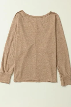 Best Dear-Lover Solid Color Button Decor Dolman Sleeve Top Khaki