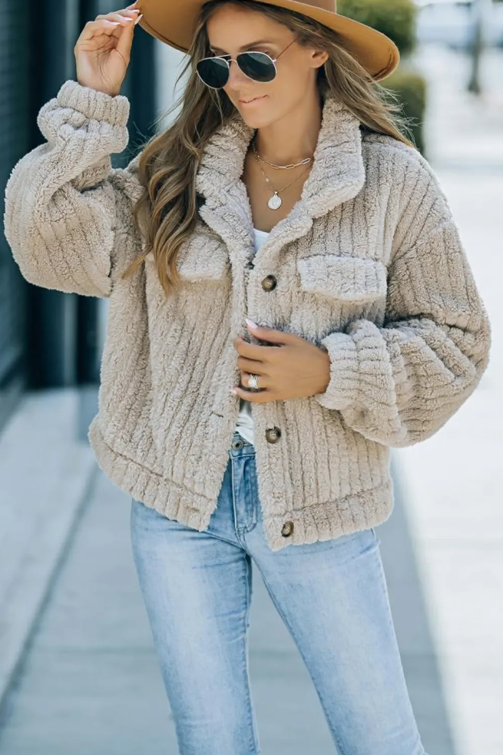 Clearance Dear-Lover Solid Color Plush Fleece Button up Jacket Khaki