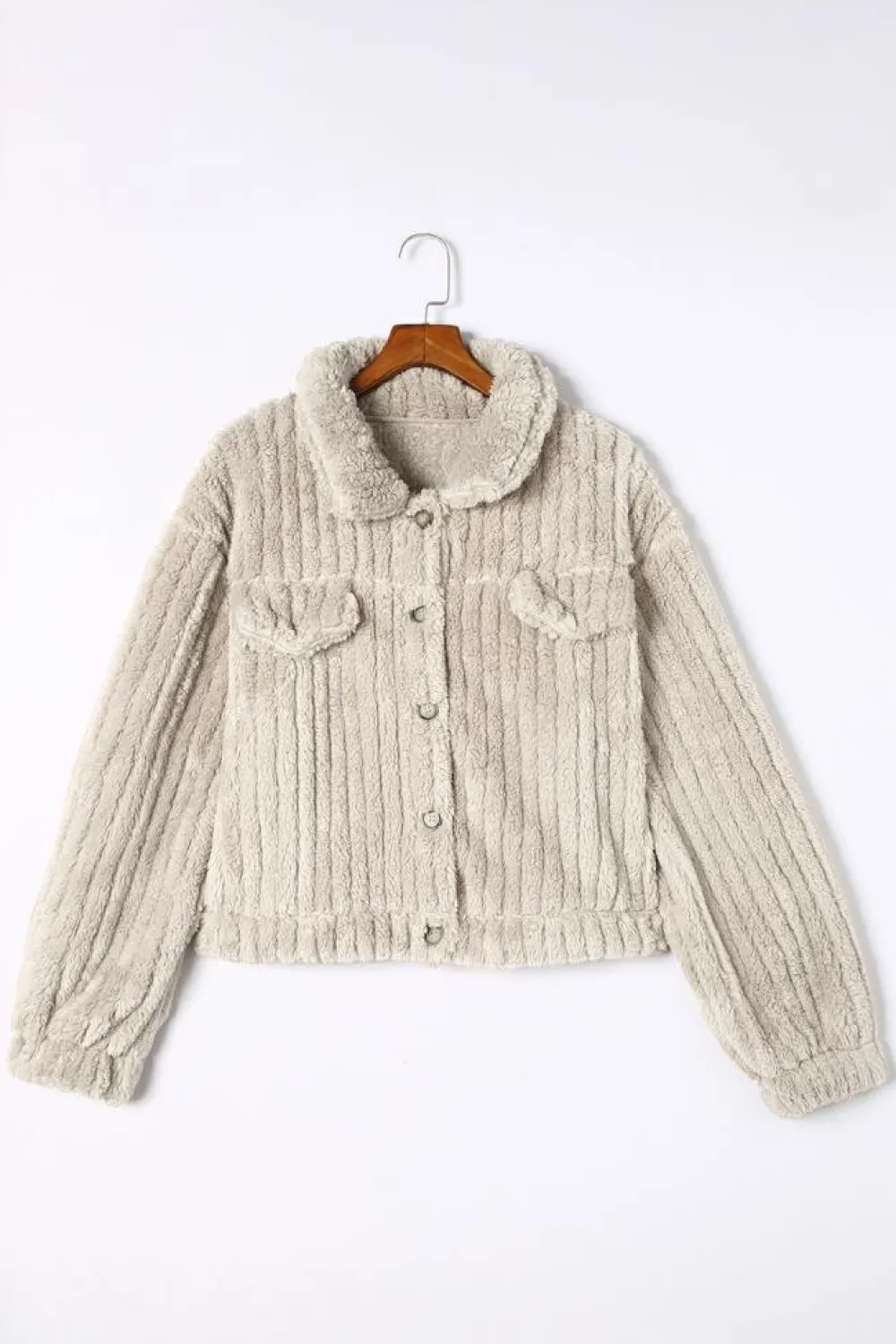Clearance Dear-Lover Solid Color Plush Fleece Button up Jacket Khaki