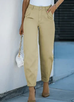 Hot Dear-Lover Solid High Waist Casual Pants Khaki
