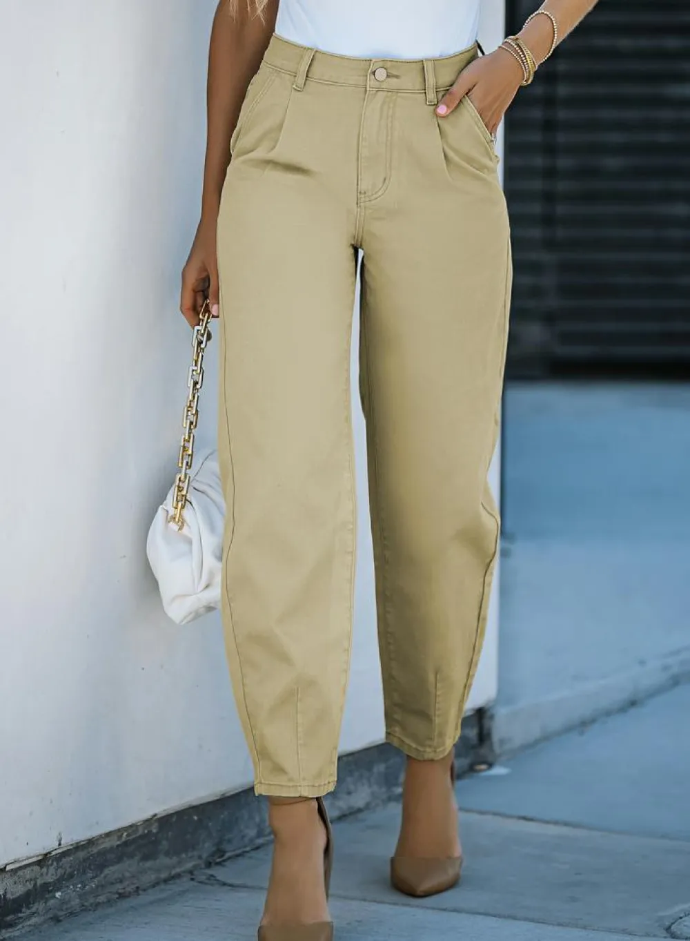 Hot Dear-Lover Solid High Waist Casual Pants Khaki
