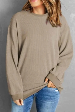Hot Dear-Lover Solid Ribbed Knit Round Neck Pullover Sweatshirt Khaki