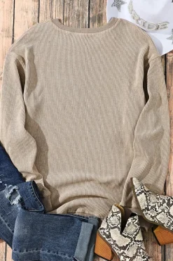 Hot Dear-Lover Solid Ribbed Knit Round Neck Pullover Sweatshirt Khaki
