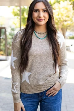 New Dear-Lover Star Pattern Drop Shoulder Sweater Khaki
