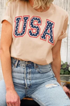 Online Dear-Lover Starry USA Lettering Independent Day T-shirt Khaki