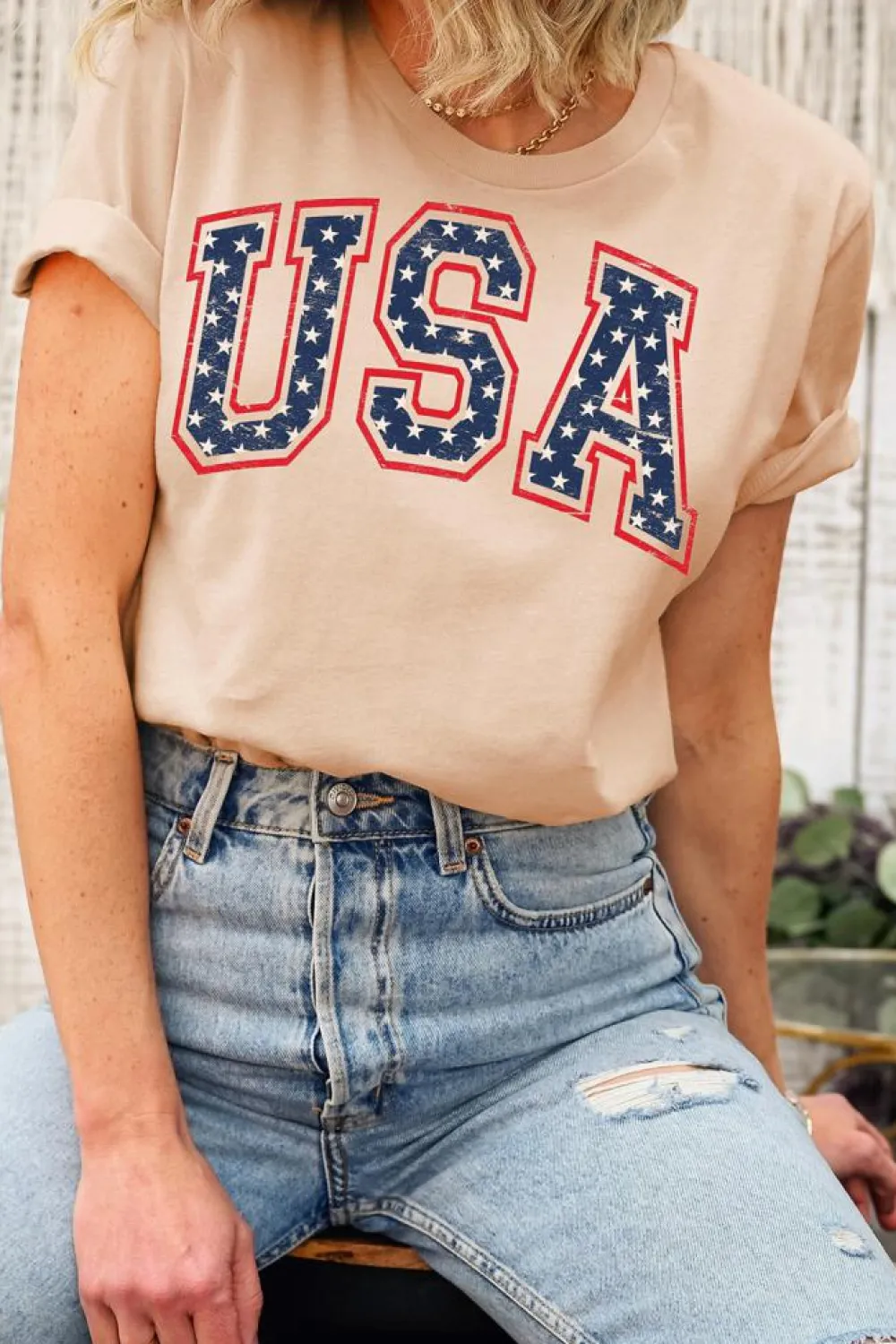 Online Dear-Lover Starry USA Lettering Independent Day T-shirt Khaki