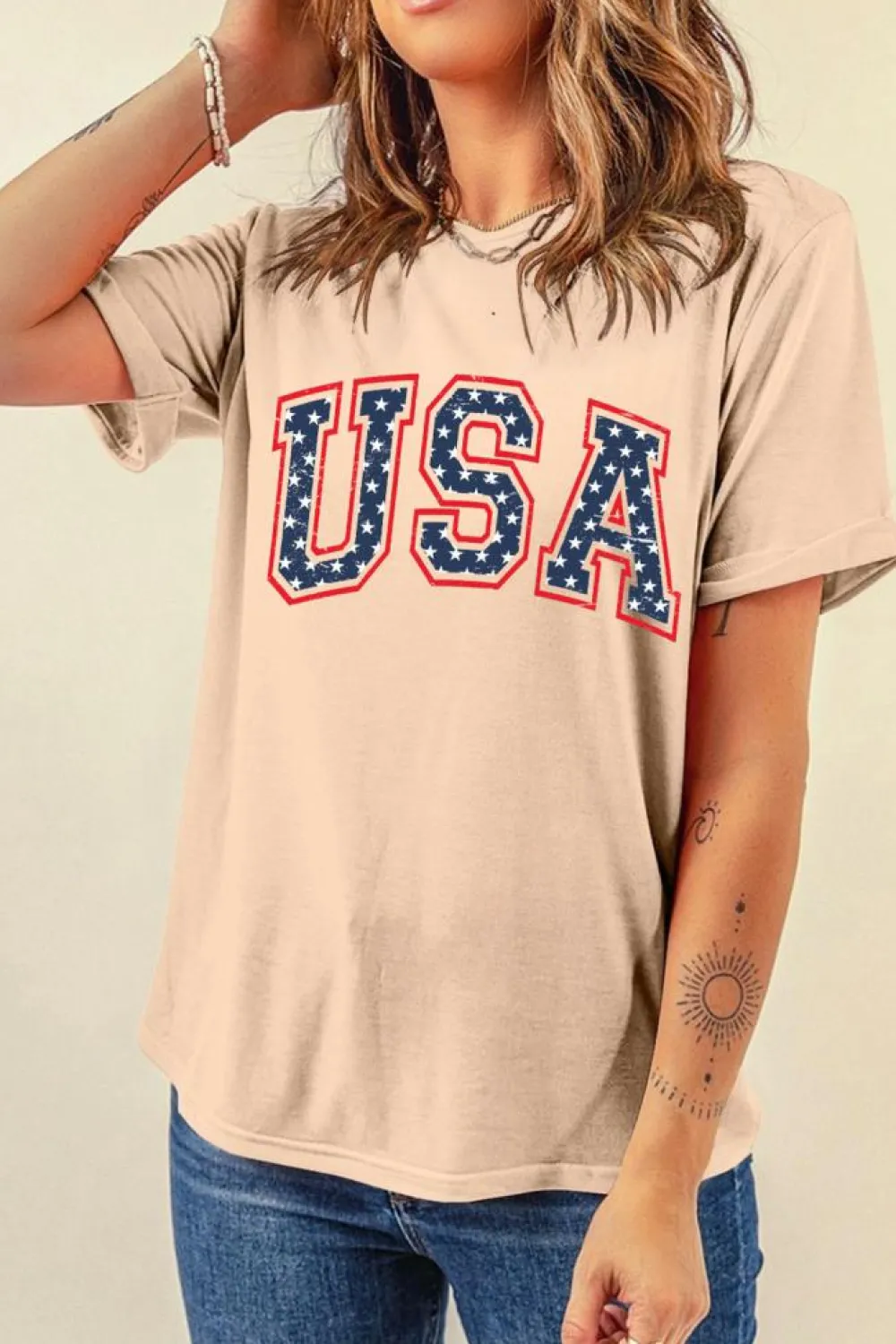 Online Dear-Lover Starry USA Lettering Independent Day T-shirt Khaki