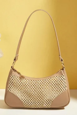New Dear-Lover Straw Woven PU Leather Patchwork Shoulder Bag Khaki