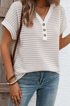 Fashion Dear-Lover Buttoned Front V Neck Knitted T Shirt Khaki Stripe