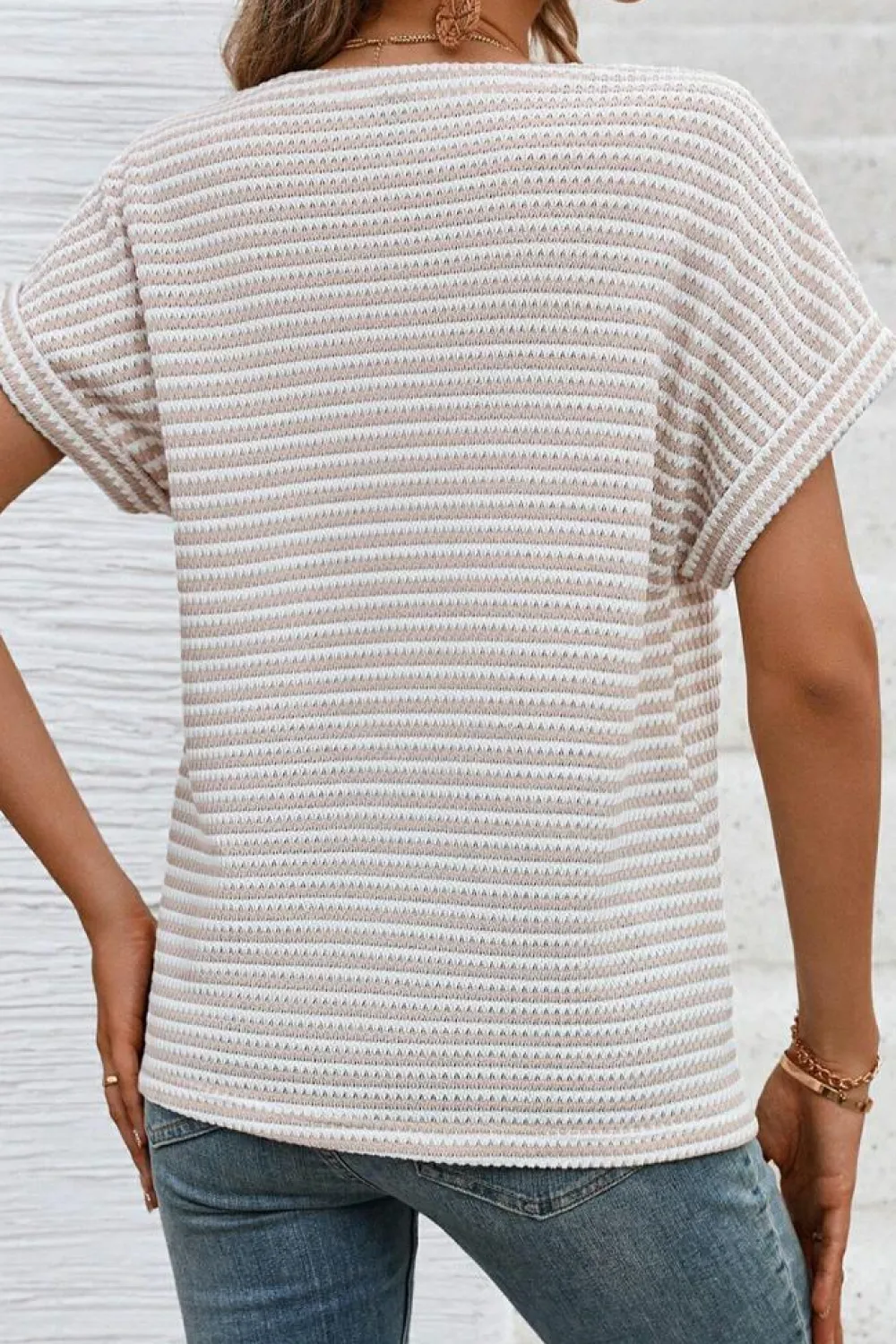 Fashion Dear-Lover Buttoned Front V Neck Knitted T Shirt Khaki Stripe