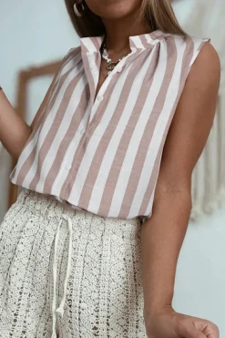 Hot Dear-Lover Casual Button Down Sleeveless Shirt Khaki Stripe