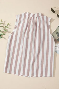 Hot Dear-Lover Casual Button Down Sleeveless Shirt Khaki Stripe
