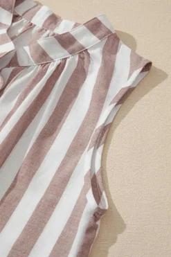 Hot Dear-Lover Casual Button Down Sleeveless Shirt Khaki Stripe