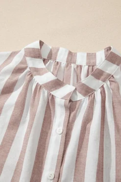 Hot Dear-Lover Casual Button Down Sleeveless Shirt Khaki Stripe