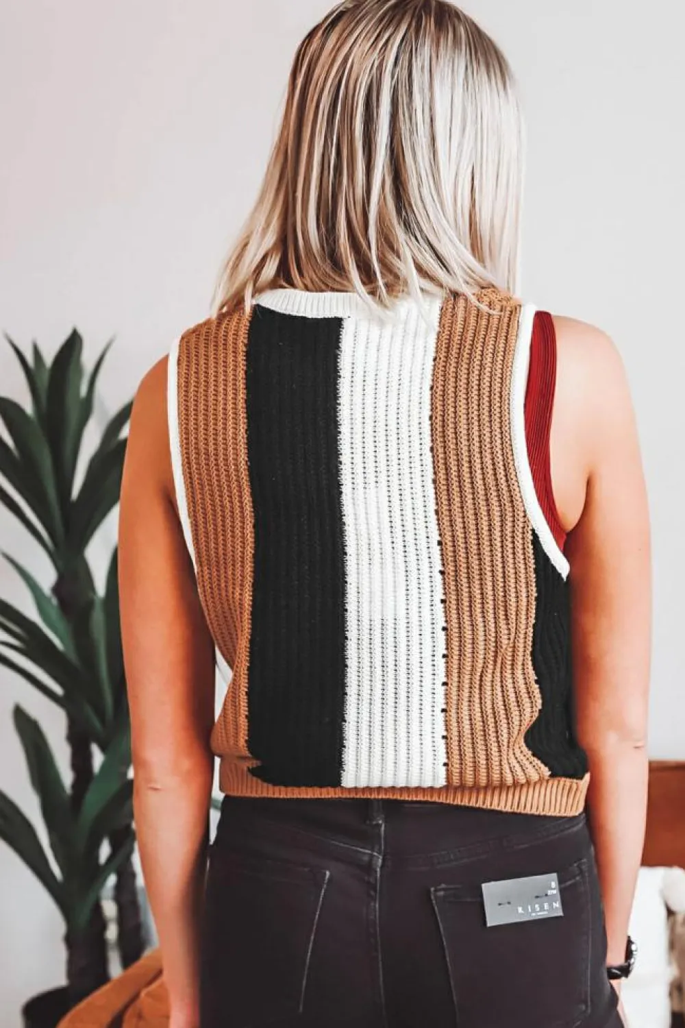 Online Dear-Lover Color Block Sleeveless Knitted Sweater Vest Khaki Stripe