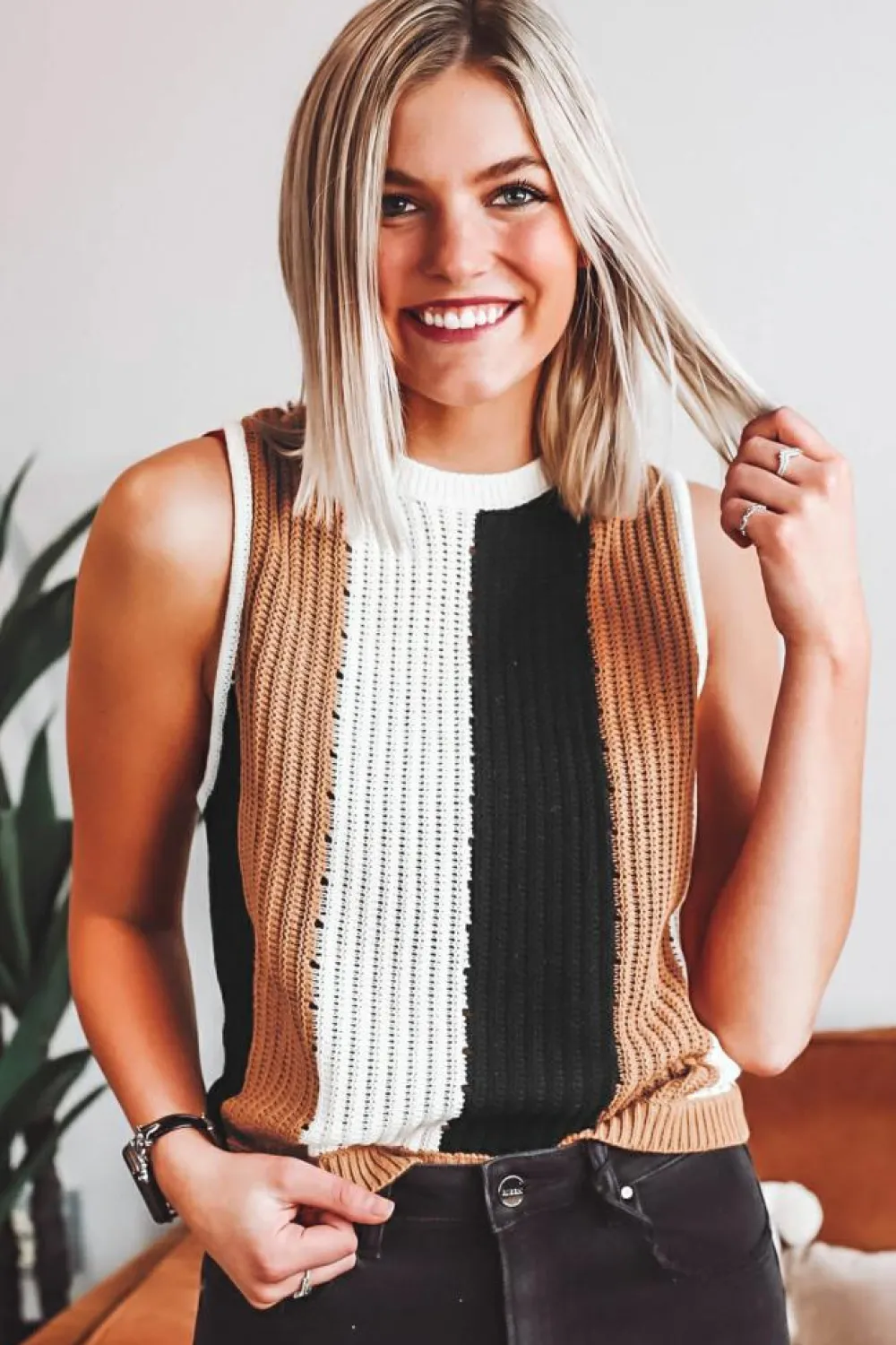 Online Dear-Lover Color Block Sleeveless Knitted Sweater Vest Khaki Stripe