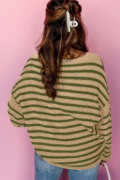 Clearance Dear-Lover Drop Shoulder Casual Sweater Khaki Stripe