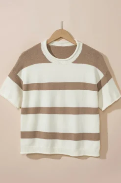 Outlet Dear-Lover Dropped Short Sleeve Lightweight Knitted Top Khaki Stripe