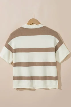 Outlet Dear-Lover Dropped Short Sleeve Lightweight Knitted Top Khaki Stripe