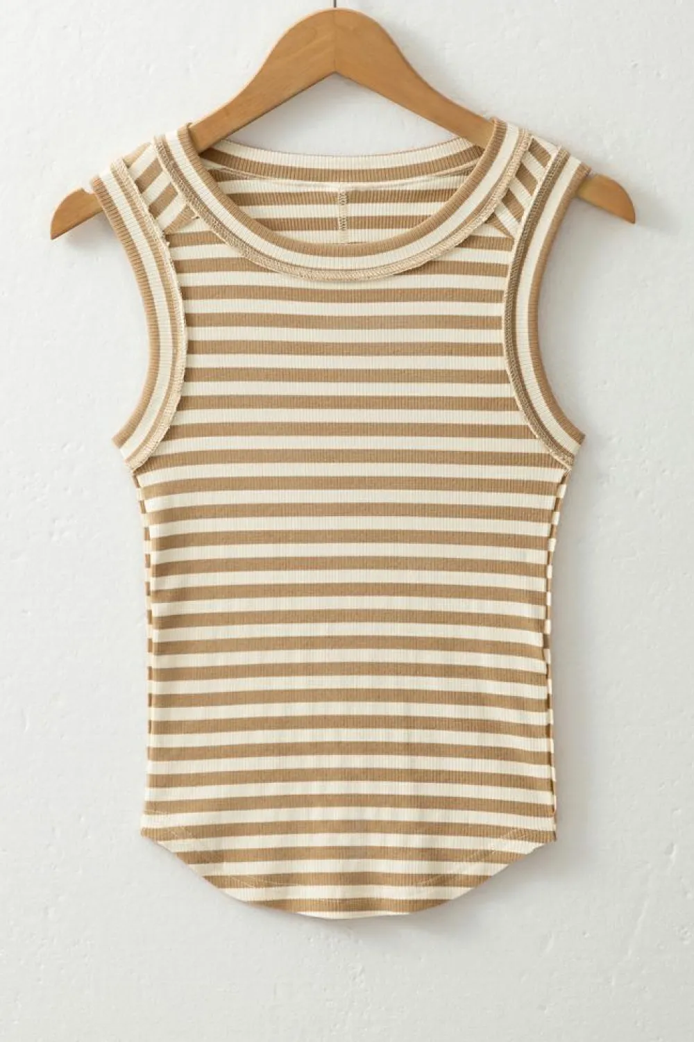 Best Dear-Lover Exposed Seam Trim Round Neck Sleeveless Top Khaki Stripe