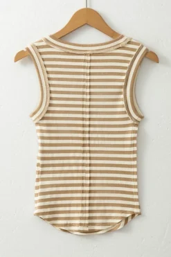Best Dear-Lover Exposed Seam Trim Round Neck Sleeveless Top Khaki Stripe