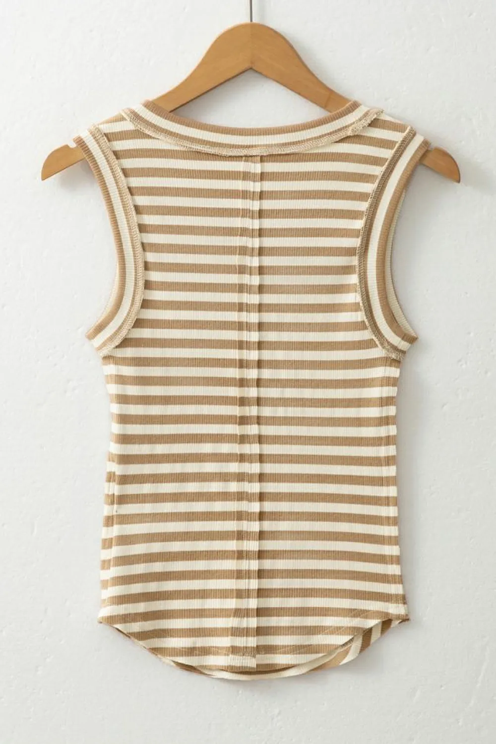 Best Dear-Lover Exposed Seam Trim Round Neck Sleeveless Top Khaki Stripe