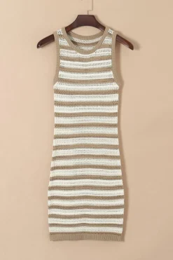 Best Dear-Lover Hollowed Knit Sleeveless Sweater Dress Khaki Stripe