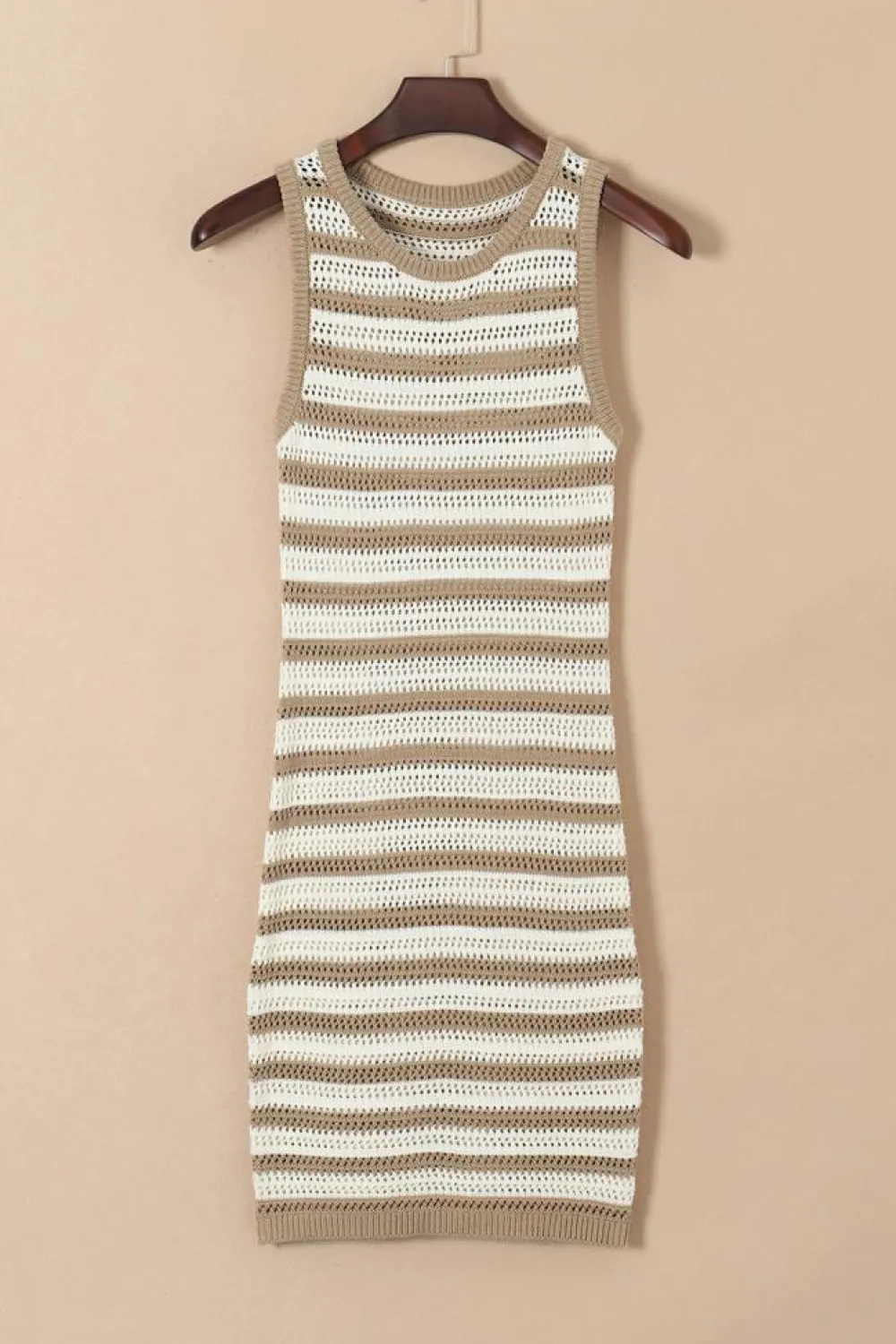 Best Dear-Lover Hollowed Knit Sleeveless Sweater Dress Khaki Stripe