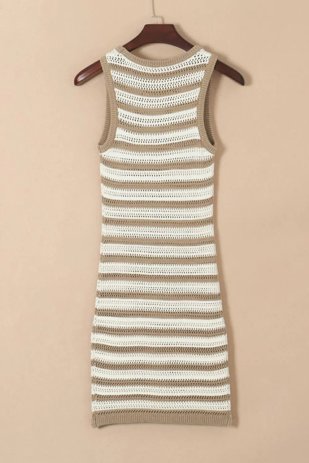 Best Dear-Lover Hollowed Knit Sleeveless Sweater Dress Khaki Stripe