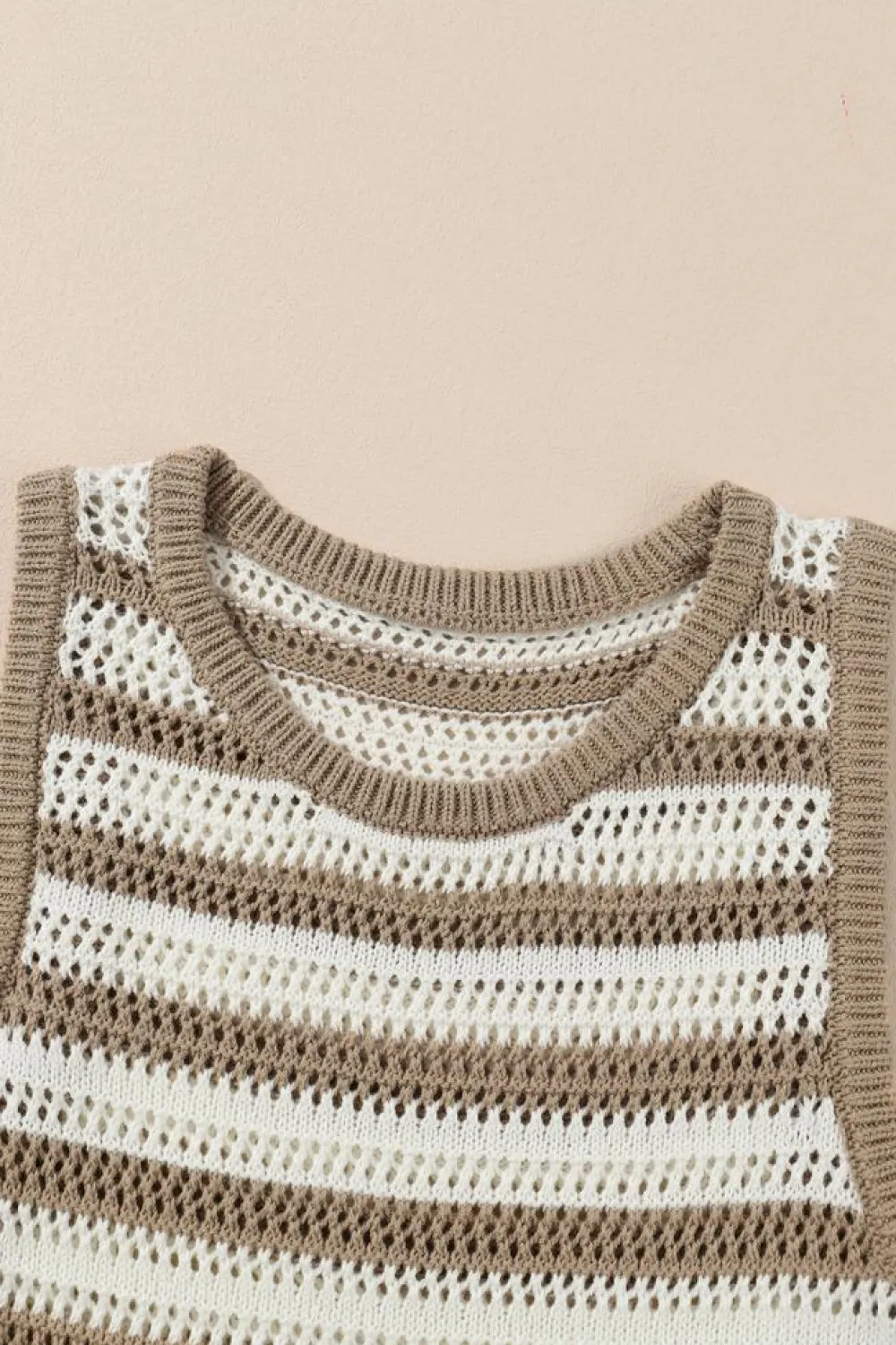 Best Dear-Lover Hollowed Knit Sleeveless Sweater Dress Khaki Stripe