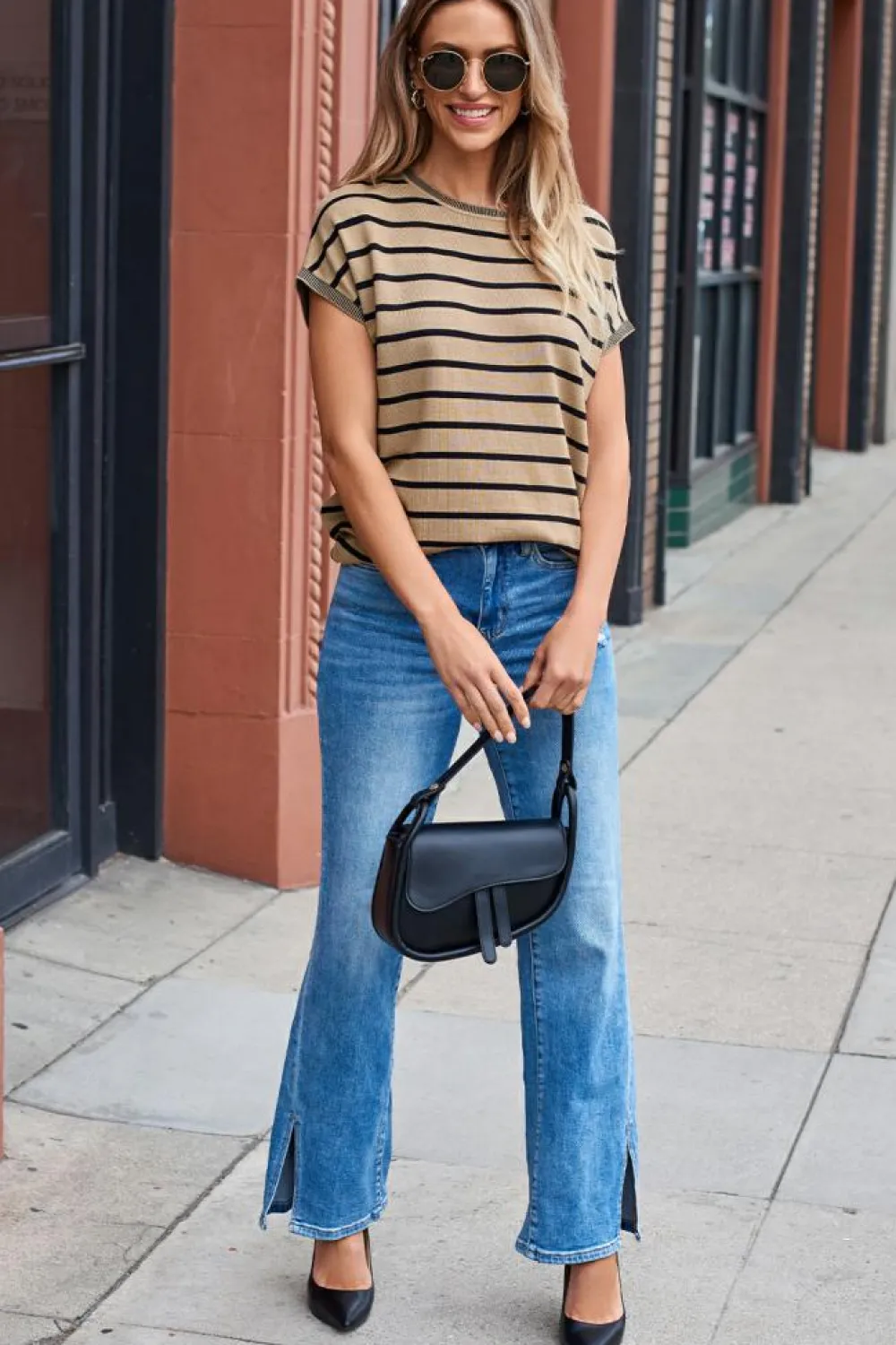 Clearance Dear-Lover Knitted Bat Sleeve T Shirt Khaki Stripe