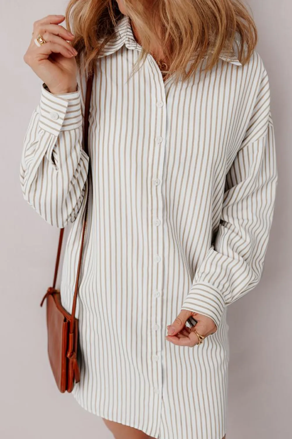 Best Dear-Lover Long Sleeve Button Up Mini Shirt Dress Khaki Stripe